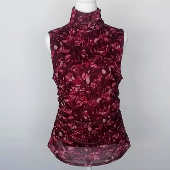Cable & Gauge Tops - Cable & Gauge Women’s Sleeveless Mock Neck Side Ruched Printed Top/Blouse Large